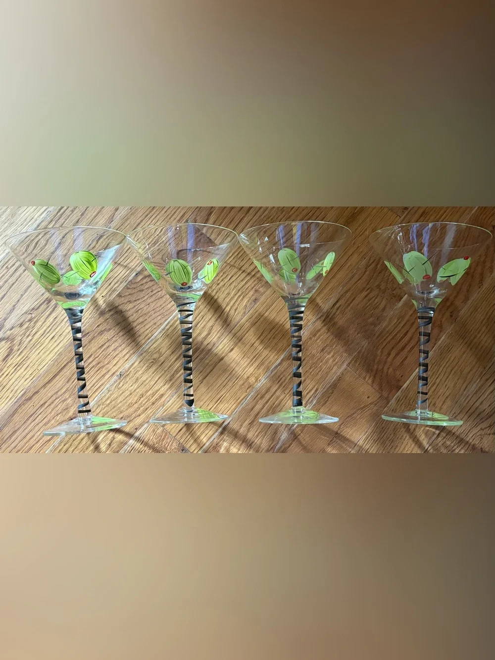 Martini Glasses with HandPainted Cocktail Olives Set of 4